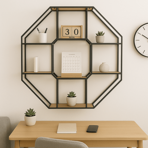 Octagonal Wooden & Metal Furnished Wall Shelf