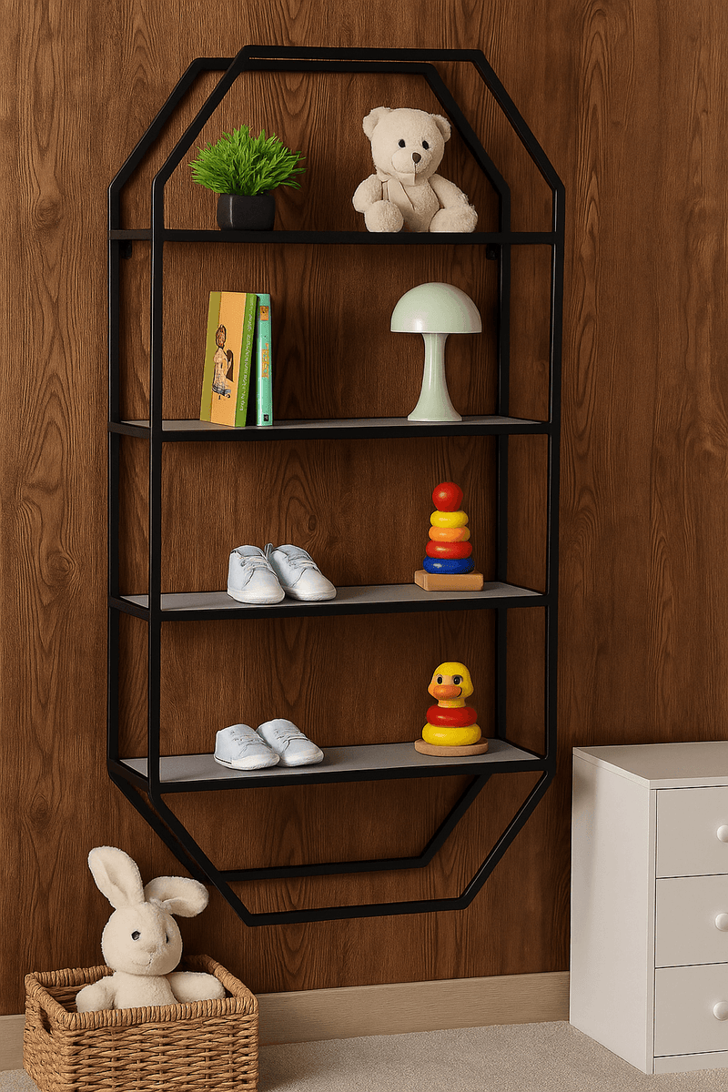 Hexagonal Multi-Sectional Black Finished Metal floor and wall Shelf