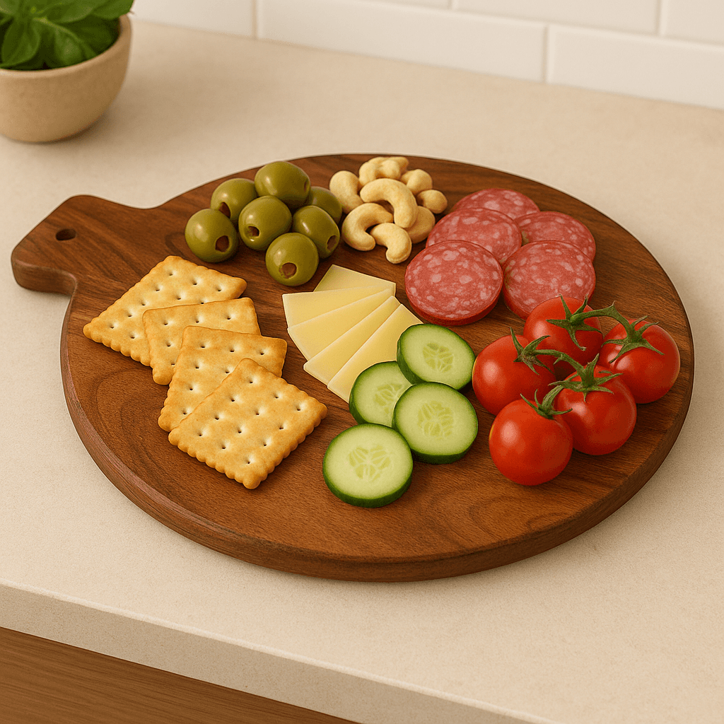Chopping board for kitchen with snacks, cheese, olives, and vegetables arranged on an acacia wood serving tray.
