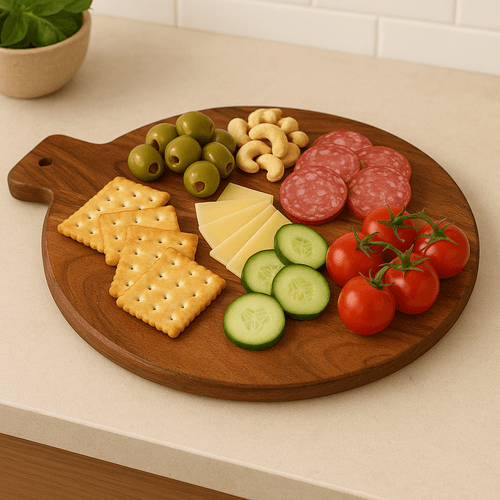 Chopping board for kitchen with snacks, cheese, olives, and vegetables arranged on an acacia wood serving tray.