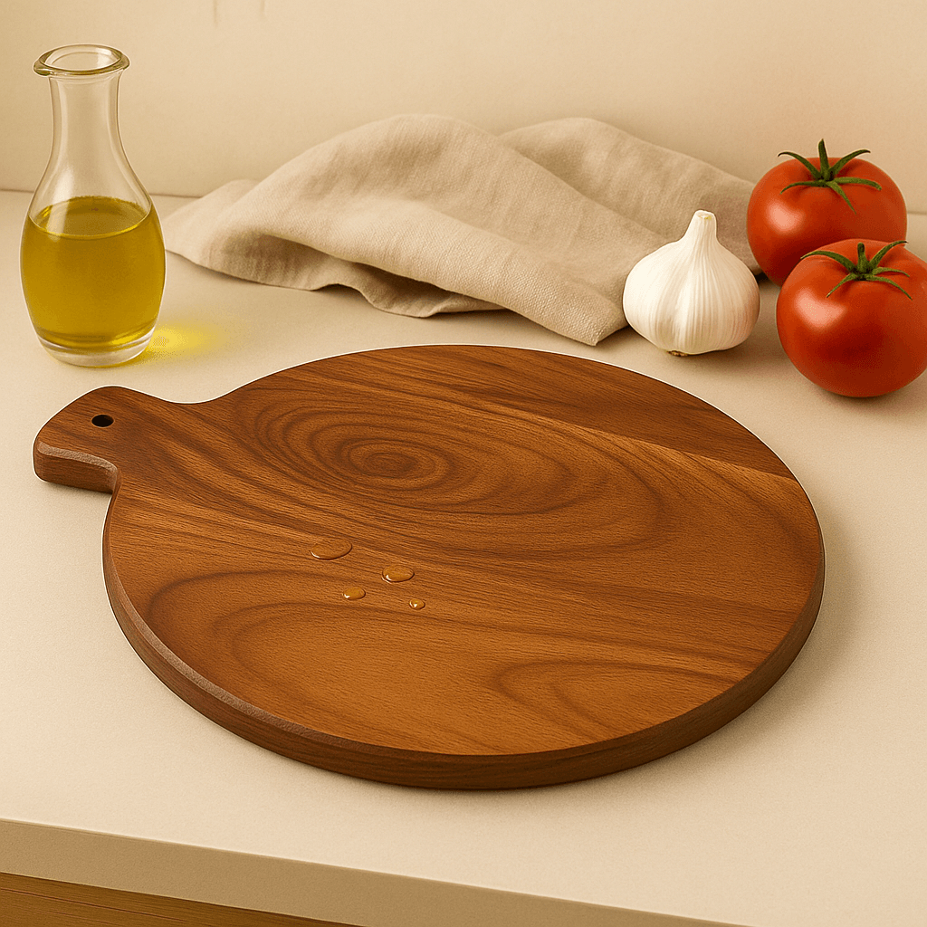 Acacia wood cutting serving board, 14x12 inches, round shape, ideal chopping board for kitchen, with handle, surrounded by ingredients.