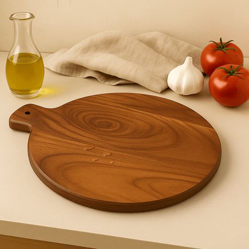 Acacia wood cutting serving board, 14x12 inches, round shape, ideal chopping board for kitchen, with handle, surrounded by ingredients.