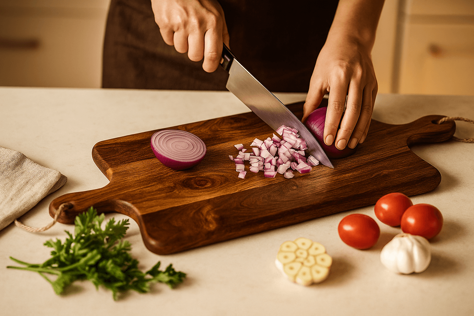 Person chopping red onions on a Multi-Purpose Wooden Serving Board & Cutting Board With Handle.