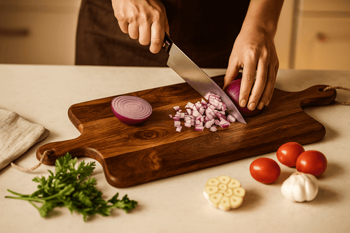 Person chopping red onions on a Multi-Purpose Wooden Serving Board & Cutting Board With Handle.
