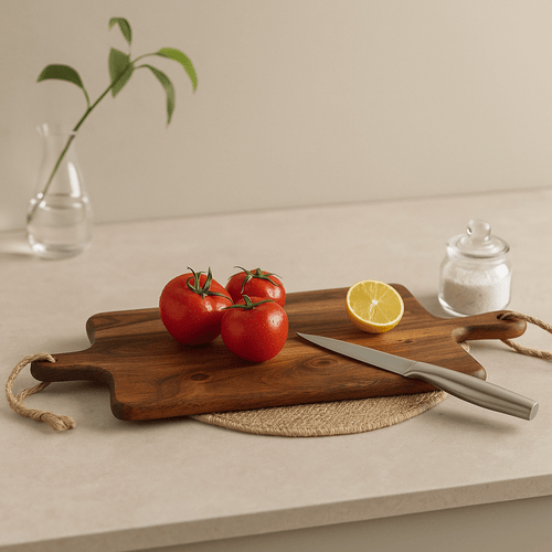 Multi-Purpose Wooden Serving Board & Cutting Board With Handle featuring tomatoes, lemon, and knife on a kitchen counter.