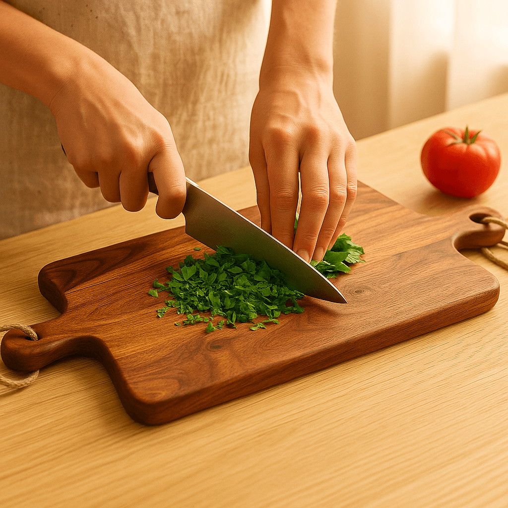 Multi-Purpose Wooden Serving Board & Cutting Board With Handle being used to chop herbs with a knife.