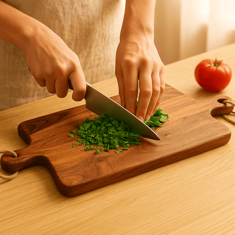 Multi-Purpose Wooden Serving Board & Cutting Board With Handle being used to chop herbs with a knife.