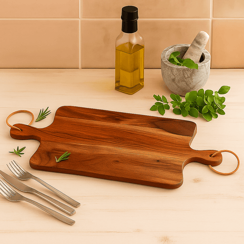 Multi-Purpose Wooden Serving Board & Cutting Board With Handle on a kitchen countertop with herbs and oil.