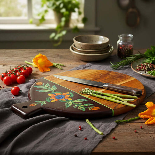 Hand Painted Acacia Wood Cutting/Serving Board with Handle