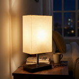 Rectangular Off-White Fabric Table Lamp with Black Wooden Base Finish