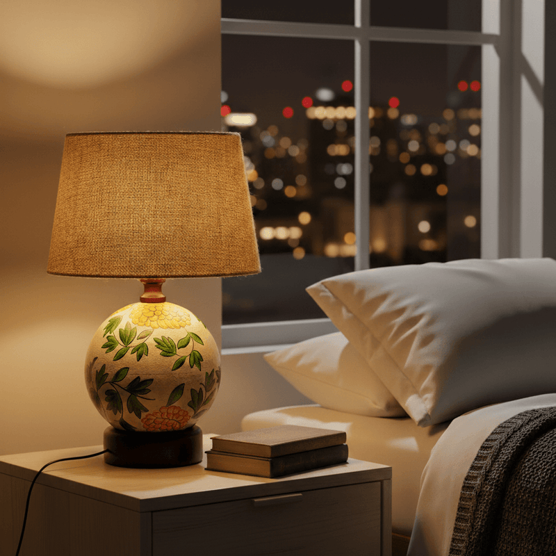 Flower Design Globe Base Table Lamp with Natural Jute Shade