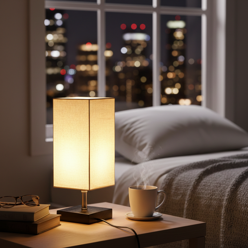 Off-White Fabric Table Lamp with Square Wooden Base