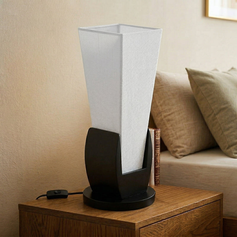 Off White Square Pyramid Table Lamp - Black Wooden Glossy Base Finish