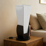 Off White Square Pyramid Table Lamp - Black Wooden Glossy Base Finish