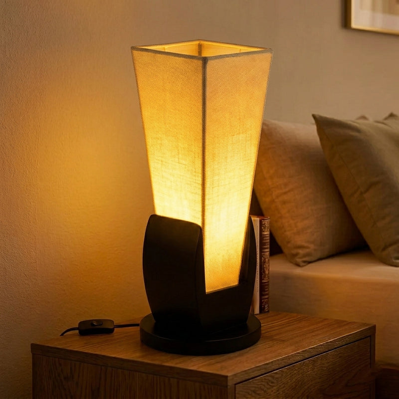 Off White Square Pyramid Table Lamp - Black Wooden Glossy Base Finish