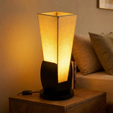 Off White Square Pyramid Table Lamp - Black Wooden Glossy Base Finish
