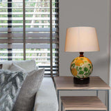 Decorative Flower Design Globe Base Table Lamp with Off-White Cotton Fabric