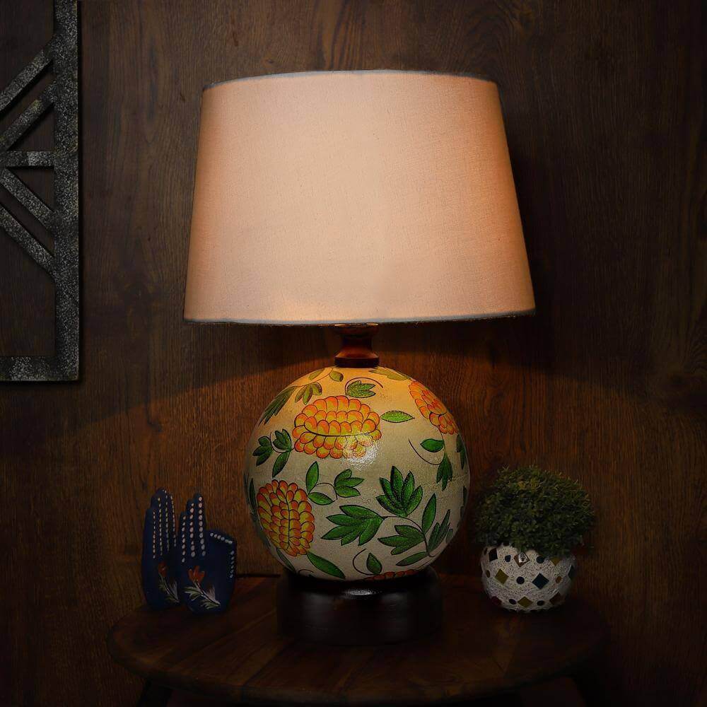 Decorative Flower Design Globe Base Table Lamp with Off-White Cotton Fabric - Make in Modern