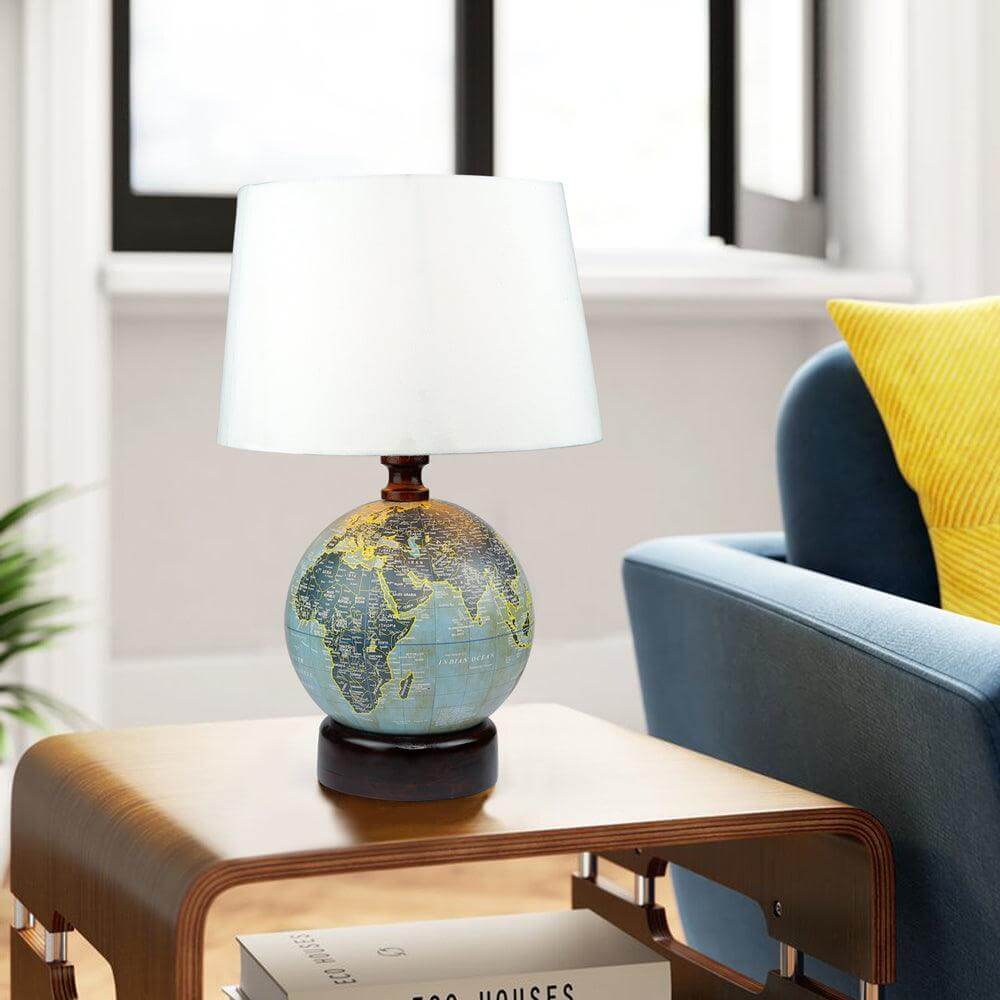 Walnut Shade & Antique Globe Base Table Lamp | Off-White Cotton Fabric - Make in Modern