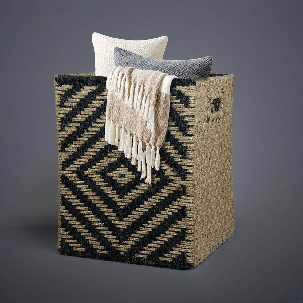 Square Black & White Embroidered Natural Jute Basket - Make in Modern
