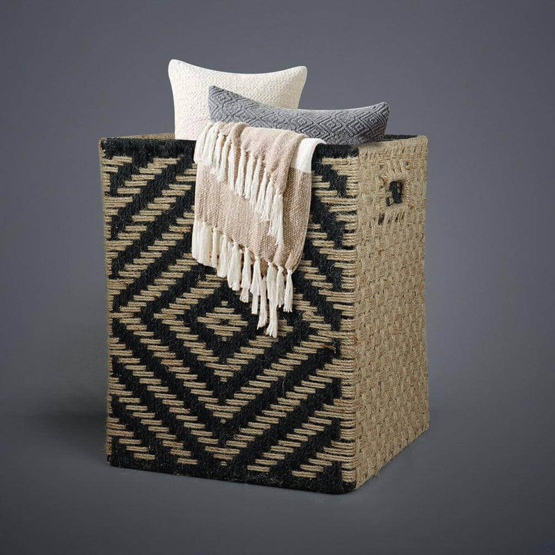 Square Black & White Embroidered Natural Jute Basket - Make in Modern