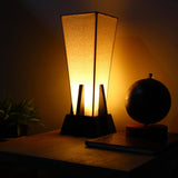 Square Pyramid Off-White Fabric Table Lamp With Glossy Black Wooden Base - Make in Modern