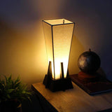 Square Pyramid Off-White Fabric Table Lamp With Glossy Black Wooden Base - Make in Modern