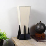 Square Pyramid Off-White Fabric Table Lamp With Glossy Black Wooden Base - Make in Modern