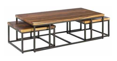 3-Piece Wood & Metal Coffee Table Set featuring a large table with two smaller tables underneath.