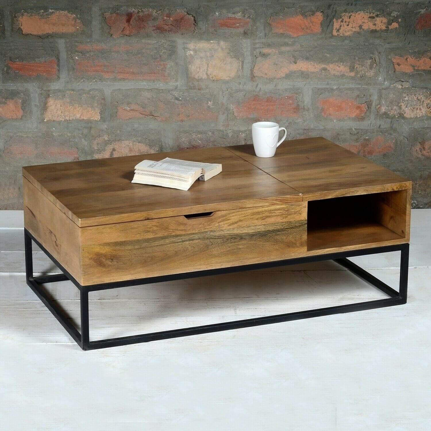 Solid Wood and Metal Coffee Table with Storage