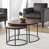 Round Dark Wood Nest of Coffee Tables with Black Metal Base Set (Set of 2)