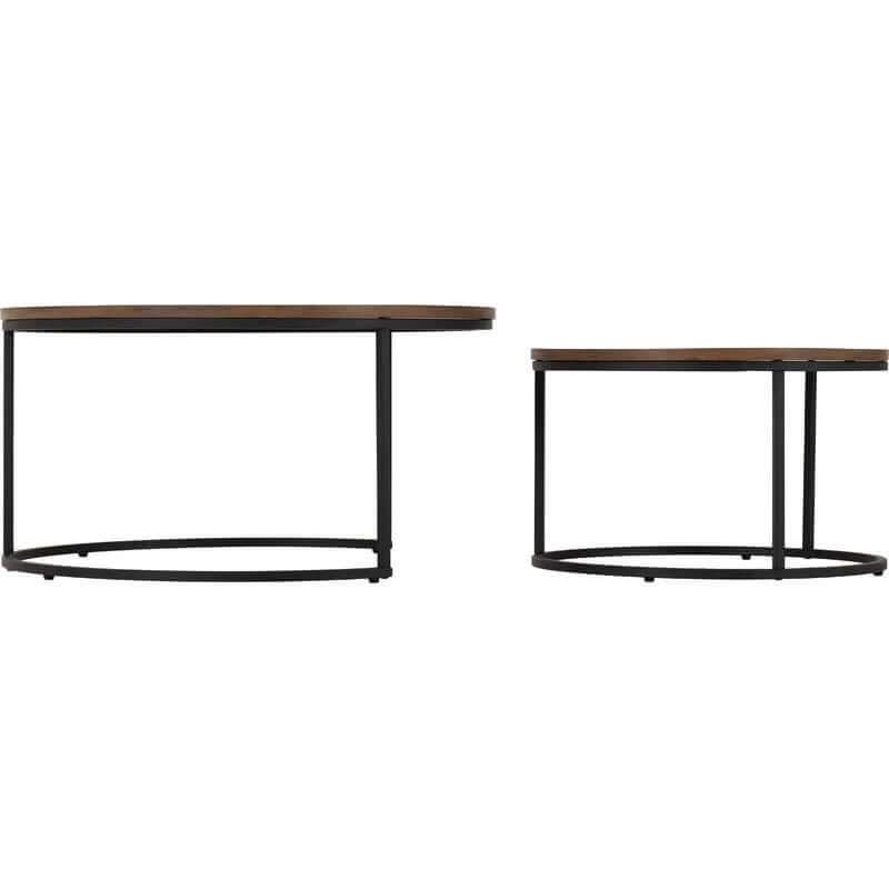 Round Dark Wood Nest of Coffee Tables with Black Metal Base Set (Set of 2)