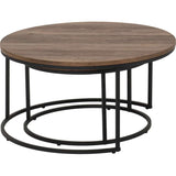 Round Dark Wood Nest of Coffee Tables with Black Metal Base Set (Set of 2)