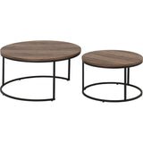 Round Dark Wood Nest of Coffee Tables with Black Metal Base Set (Set of 2)