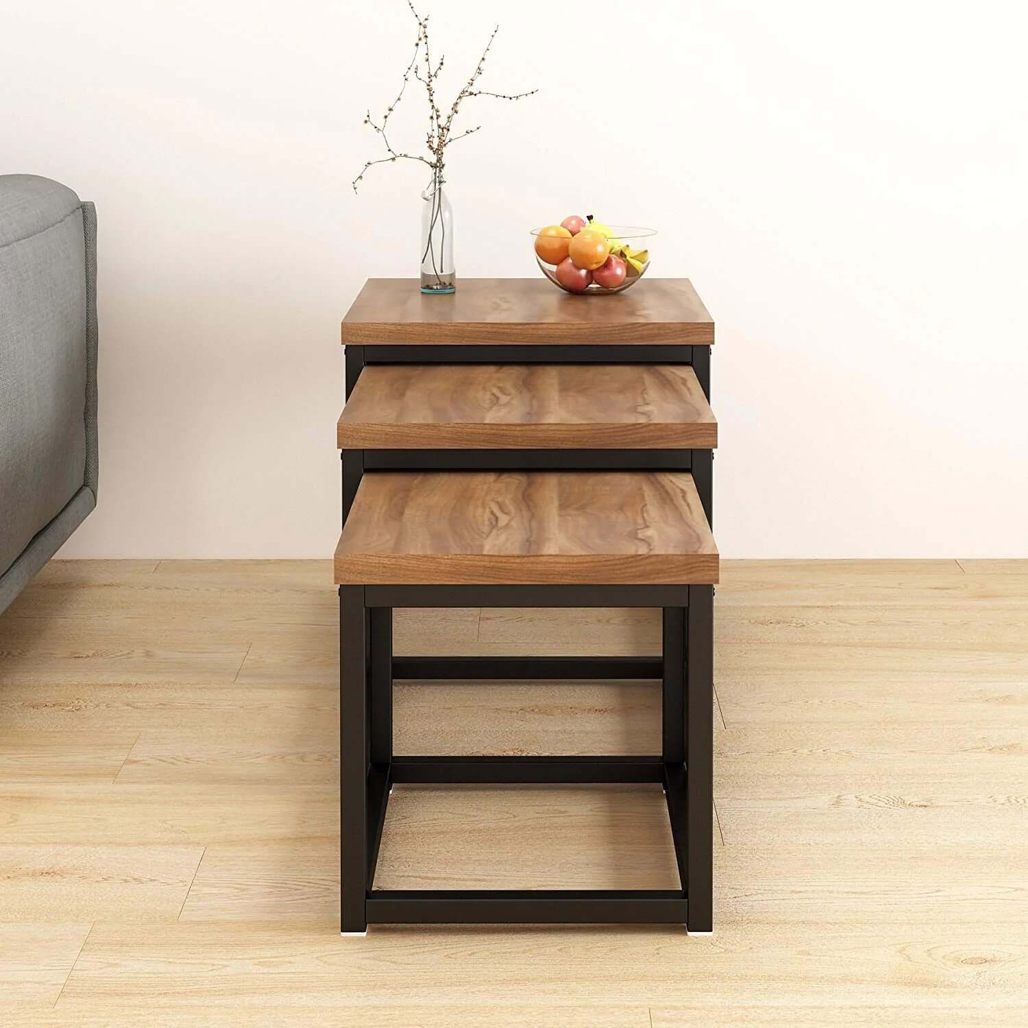 Solid Wood Walnut Nest of 3 Tables End Tables