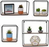 Metal Wire Framed Floating Shelves with Wooden Base (Natural Finish, Set of 4, Black) - Make in Modern