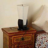 Off White Square Pyramid Table Lamp - Black Wooden Glossy Base Finish